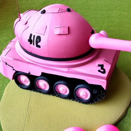 Image similar to panzer tank painted pink, with party balloons attached