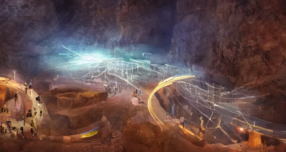 Image similar to miniature installation, macro photography, night, a lot of people and a spiral - shaped white luminous attractor is floating in grand canyon, concept art, art for the game, professional lighting, art