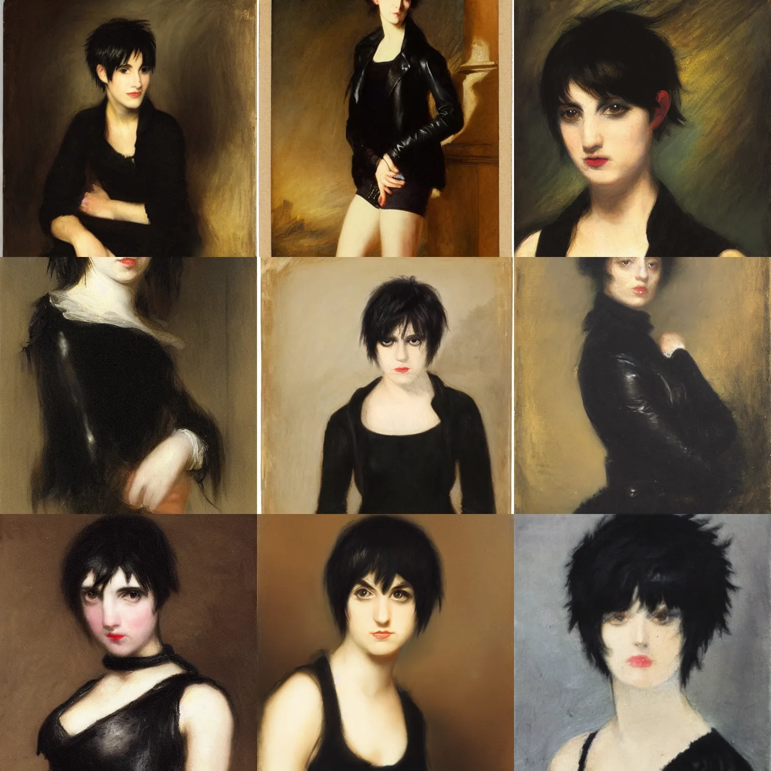 Prompt: an emo by j. m. w. turner. her hair is dark brown and cut into a short, messy pixie cut. she has large entirely - black eyes. she is wearing a black tank top, a black leather jacket, a black knee - length skirt, a black choker, and black leather boots.