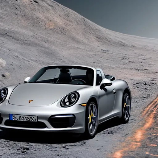 Prompt: porsche driving on the moon io with jupiter large in the sky