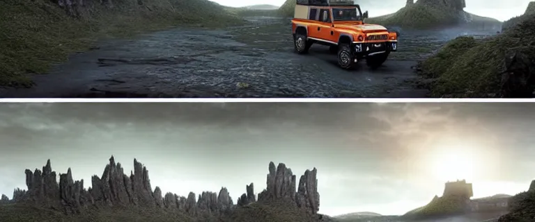 Image similar to Land Rover Defender 110 (1985), an epic fantasy, dramatic lighting, cinematic, establishing shot, extremely high detail, photorealistic, cinematic lighting, artstation, by simon stalenhag, The Elder Scrolls V: Skyrim, Whiterun Hold, Dragonsreach in the distance, Battle for Whiterun, Stormcloaks vs Imperials, Swarms of Stormcloaks and Imperials fighting eachother, Intense fighting, Whiterun city burning, Skyrim Civil War