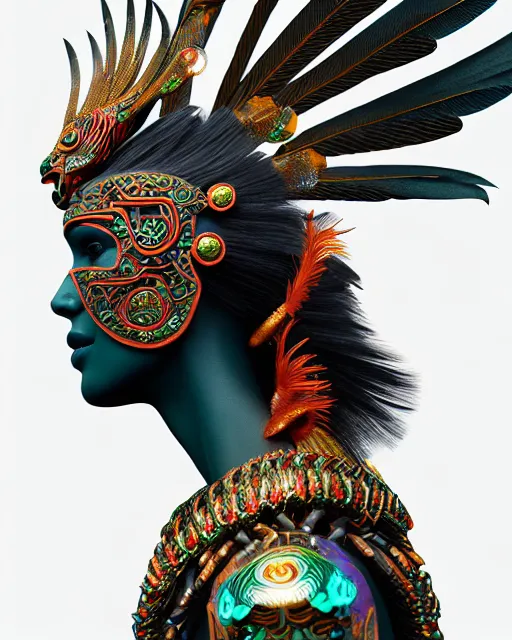 Prompt: 3 d warrior goddess close - up profile portrait. beautiful intricate highly detailed mexican magpie helm and richly embroidered blouse, quetzalcoatl, stingray, bioluminescent, plasma, lava, ice, feather, wind, stormy, artwork by tooth wu and wlop and annie leibovitz, octane 3 d render