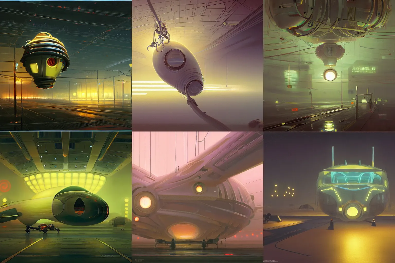 Prompt: detailed painting of a pod, filigree ornaments, volumetrics lights, beam of bright lights through the fog, syd mead, simon stalenhag