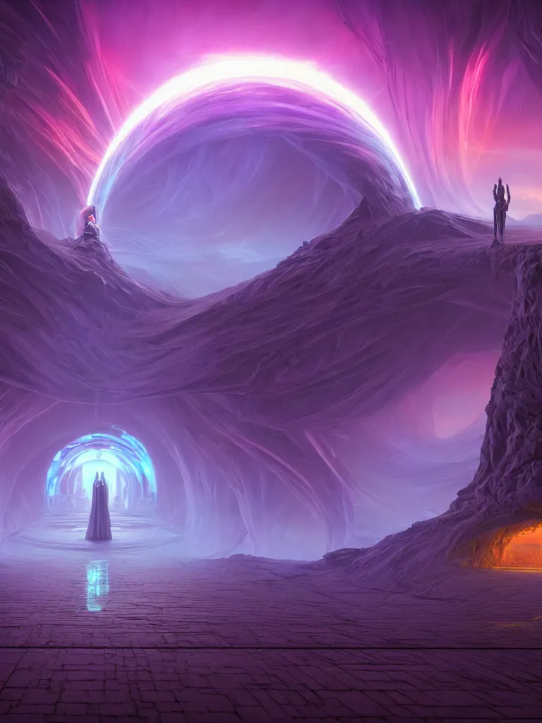 Prompt: entrance to ethereal realm, god waiting, rendered in unreal engine, central composition, symmetrical composition, dreamy colorful cyberpunk colors, 6 point perspective, fantasy landscape with anthropomorphic!!! terrain!!! in the styles of igor morski, jim warren, and rob gonsalves, intricate, hyperrealistic, volumetric lighting, big sky, distinct horizon