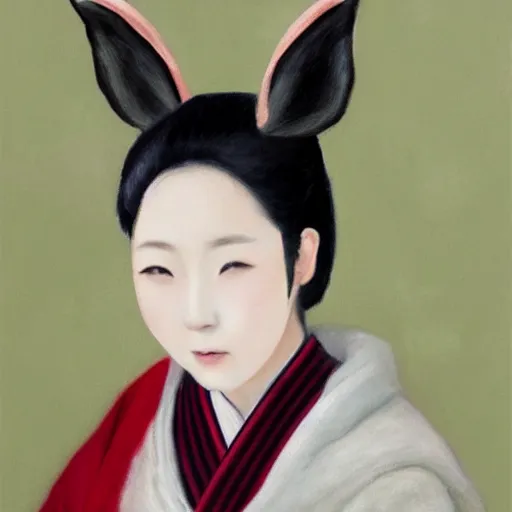 Image similar to a painting of a young Japanese woman with fox ears, realistic, beautiful