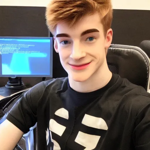 Image similar to “a realistic detailed photo of a guy who is an attractive humanoid who is half robot and half humanoid, who is a male android, twitch streamer Ninja Tyler Blevins, shiny skin, posing like a statue, blank stare, on a gaming chair streaming”