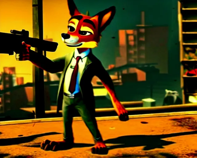 Image similar to nick wilde as max payne in max payne 3 set in gritty neo - noir zootopia, favela / furvela shootout