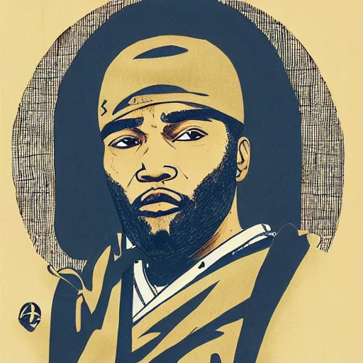 Image similar to Masta Killa from Wu-tang Clan rapping, portrait, style of ancient text, hokusai