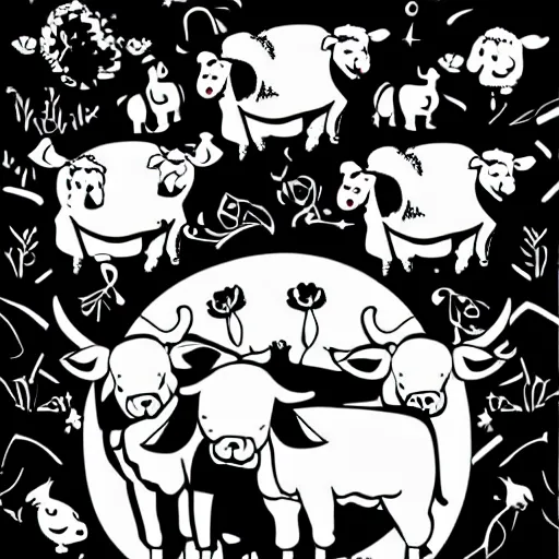 Image similar to belzebub, cow, pig, sheep, chicken, white on black vector ink drawing