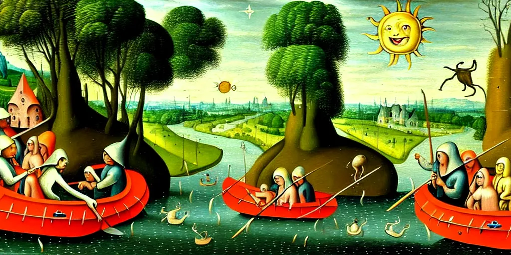 Image similar to A very detailed painting in the style of Hieronim Bosch featuring a river in Europe surrounded by trees and fields. A rubber dinghy is slowly moving through the water. Sun is shining