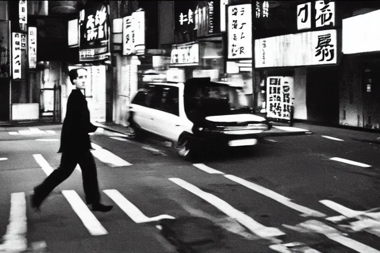 Prompt: Ian Curtis runs through the streets of Tokyo, 35mm film, by Shinya Tsukamoto