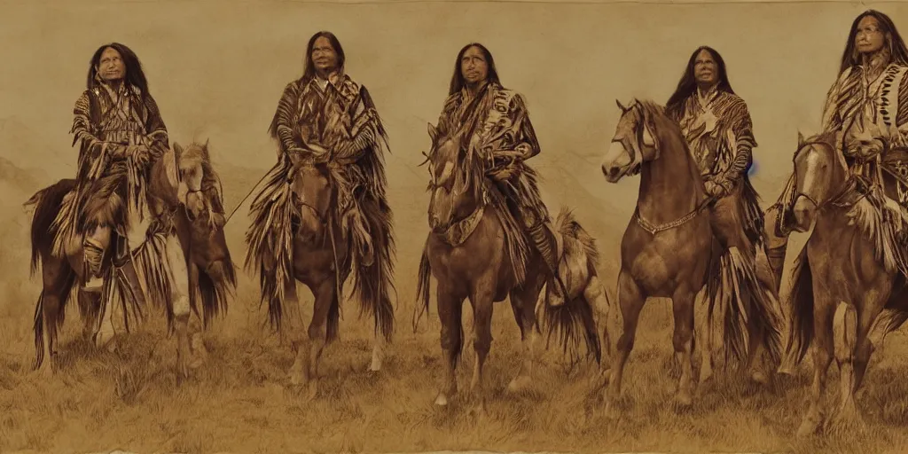 Image similar to realistic portrait of native americans with horses, golden, 1 4 5 0, ink, ultra realistic, 8 k