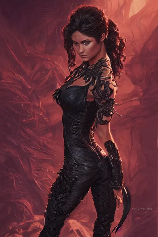 Prompt: muscled Nina Dobrev as a heroine in black leather, intricate, elegant, highly detailed, centered, digital painting, artstation, concept art, smooth, sharp focus, illustration, art by artgerm and donato giancola and Joseph Christian Leyendecker, Ross Tran, WLOP