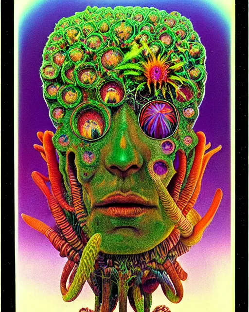 Prompt: a highly detailed realistic surreal trippy weird mysterious otherworldly stunning award winning intricate colorful chromatic aberration, 9 0 s toy commercial, from the 7 0 s, polaroid painting portrait of all of the world's botanical knowledge in one brain, by zdzislaw beksinski, by ernst haeckel, 8 k, hi - res,