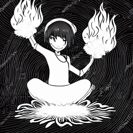 Prompt: black and white anime character of a piece of fluffy popcorn with a smiling face and flames for hair, sitting on a lotus flower, clean composition, symmetrical