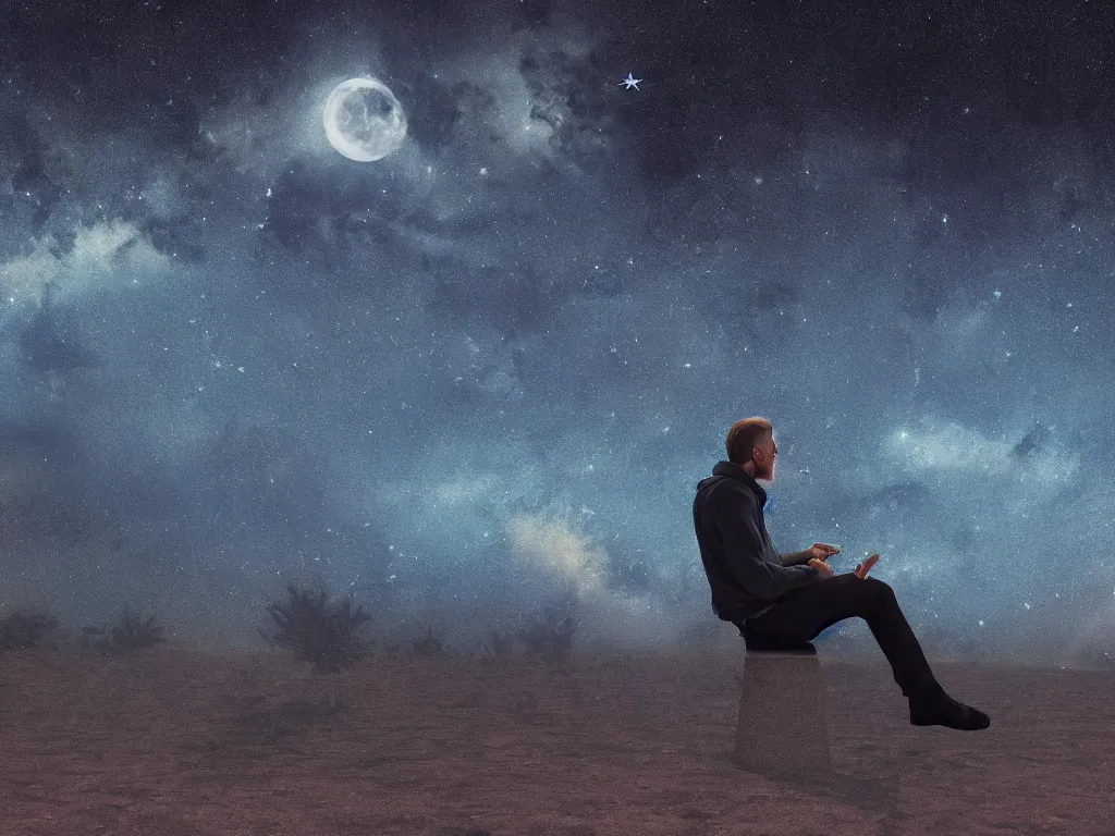 Image similar to A man sitting on the first quarter moon surrounded by a starry night sky, hdr, ue5, unreal engine 5, cinematic 4k wallpaper, ultra detailed, high resolution, artstation, award winning.