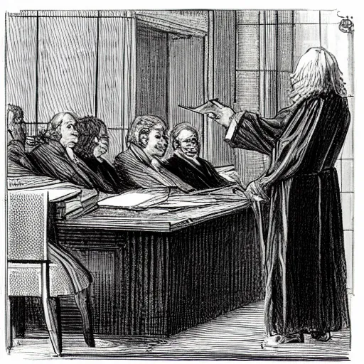 Prompt: photo of an english barrister wearing a wig and robe addressing a jury in a crown court