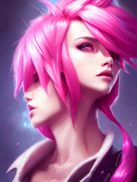 Image similar to a League of Legends FAN ART Portrait of VI, pink hair, short hait, elegant, highly detailed, digital painting, concept art, smooth, sharp focus, illustration, by Patrice murciano ,artstation,deviantart,Unreal Engine,face enhance,8K,golden ratio,cinematic lighting