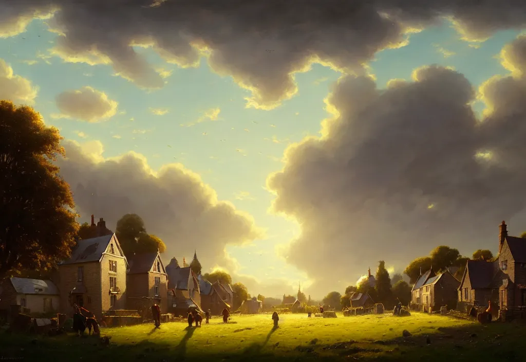 Prompt: a victorian village scene, houses and a field in the background, clear blue sky, cinematic view, epic sky, detailed, concept art, low angle, high detail, warm lighting, volumetric, godrays, vivid, trending on artstation, by jordan grimmer, art greg rutkowski