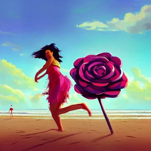 Image similar to portrait, giant rose flower head, woman running at the beach, surreal photography, sunrise, blue sky, dramatic light, impressionist painting, digital painting, artstation, simon stalenhag