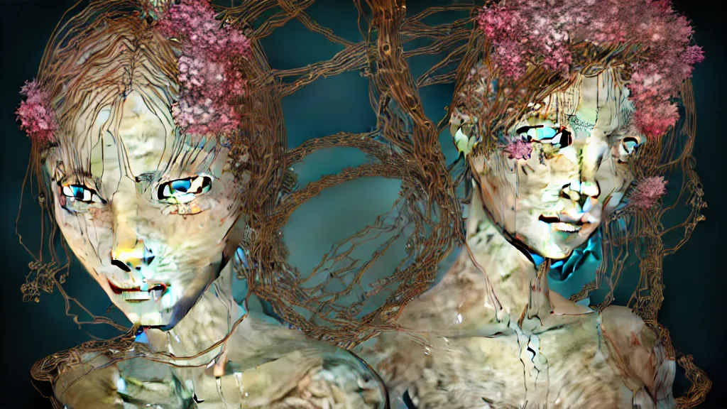 Prompt: prompt: Fragile looking vessel portrait face drawn by Katsuhiro Otomo, beautiful girl in lake with shining face octane 3d render super detailed, nymph in the water performing alchemy, small flowers and cables and wire around and on the side with artifacts and ancient book, intricate oil painting, high detail, Neo-expressionism, gnarly details