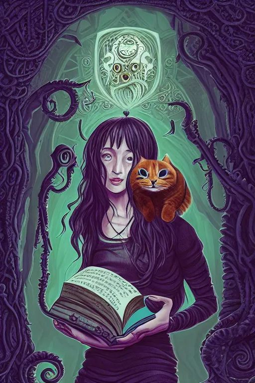 Prompt: ai illustration of romantic girl, her cat and her book of necronomicon, symmetrical, cinematic, sharp focus, 4 k, ultra hd, sense of awe, sinister demonic atmosphere, dreadful, forbidden knowledge, old gods, cthulhu, yog - sothoth! yah, yah, yah! cultist journal cover