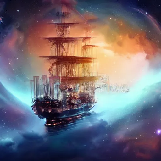 Image similar to a beautiful galleon ship floating in space nebula clouds, highly detailed space scene, ultra realistic, sharp focus, cinematic