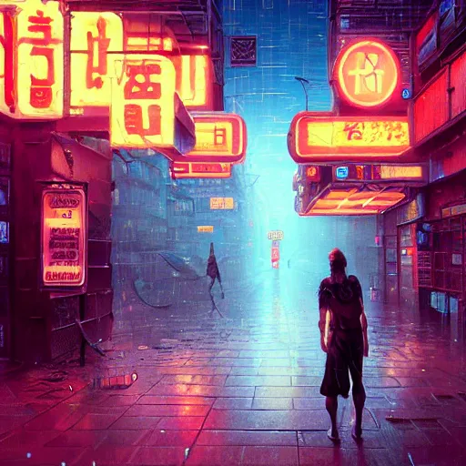 Prompt: cyborg caveman on the streets of tokyo, with neon lights, while it's raining, stephen bliss, unreal engine, fantasy art by greg rutkowski, loish, rhads, ferdinand knab, makoto shinkai, ilya kuvshinov, rossdraws, global illumination, radiant light, detailed and intricate environment