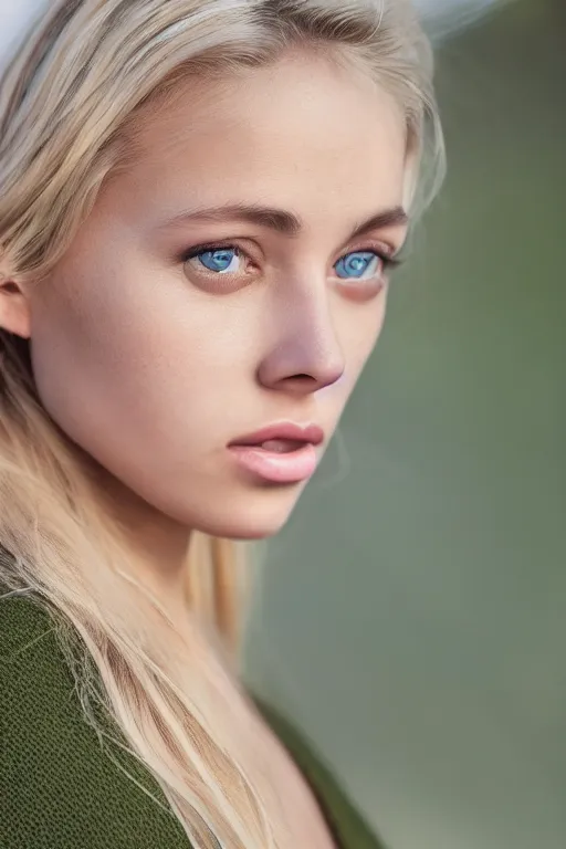 Image similar to olive skinned blonde female model in her twenties, wearing a v - neck sweater, looking content, focused on her neck, photo realistic, extreme detail skin, natural beauty, no filter, slr, golden hour, 4 k, high definition, selfie