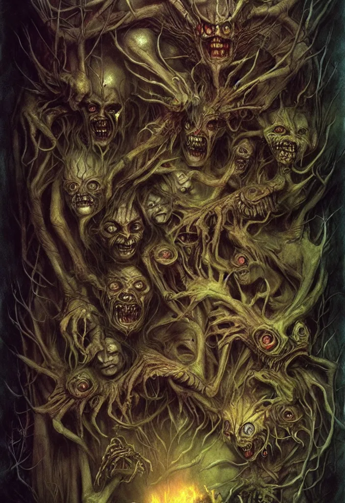 Image similar to an eerie uncanny hell with strange eerie magical scary creatures, horror, concept art, detailed, award - winning, by guillermo del toro, by brian froud