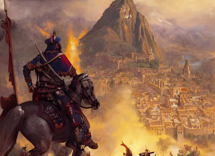 Image similar to 1 5 th century spanish conquer francisco pizarro with a inca city in his back, game character concept art, wide view, high detailed, full perfect, symmetrical portrait, high detail, by craig mullins, peter mohrbacher, unreal engine, octane rendered, 8 k, dark beauty, trending on artstation