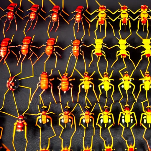 Prompt: an army of cyborg mechanical spiders, covered with red and yellow armor, 85mm 4K photo