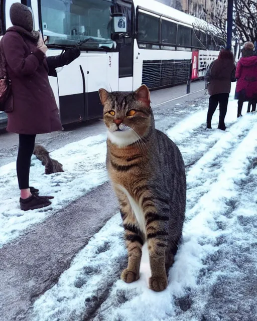 Image similar to cat standing up, cat standing on its hind legs, in line with people at a bus stop in winter copenhagen, as seen on reddit, photograph