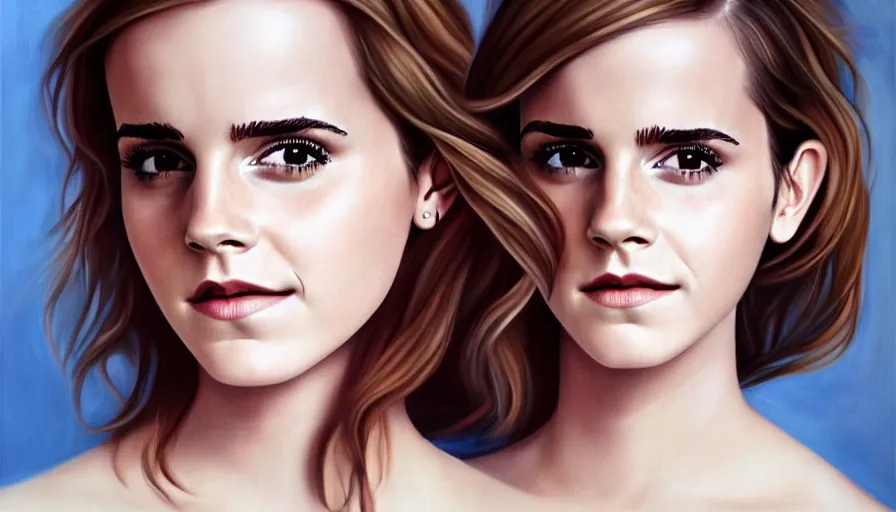 Image similar to emma watson portrait photorealistic painting. soft lighting, smooth gradients. seductive smile. lights and shadows. sultry, anamorphic lens