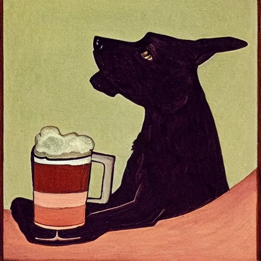 Image similar to a small black dog with big ears drinking beer by charles e. burchfield