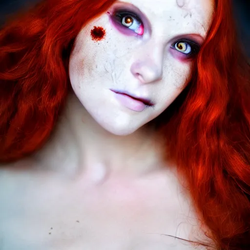 Prompt: close up portrait photo of a real beauty redhead zombie, 8k,