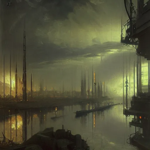 Image similar to detailed painting of a retroscifi interior in 1 9 4 0, volumetrics lights, beam of bright lights through the clouds, andreas achenbach