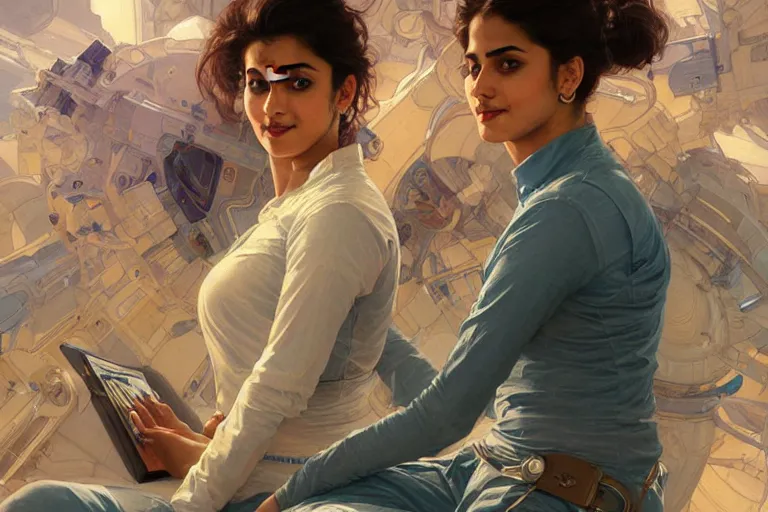 Image similar to Exhilarated good looking pale young Indian doctors wearing jeans in a space station above Earth, portrait, elegant, intricate, digital painting, artstation, concept art, smooth, sharp focus, illustration, art by artgerm and greg rutkowski and alphonse mucha