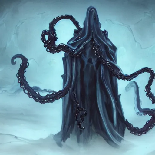 Image similar to concept designs for an end game boss that is an ethereal obsidian ghostly wraith like figure with a squid like parasite latched onto its head and long tentacle arms that flow lazily but gracefully at its sides like a cloak and chains rattling at its sides while it floats around a frozen rocky tundra in the snow searching for lost souls and that hides amongst the shadows in the trees, this character has hydrokinesis and electrokinesis for the resident evil village video game franchise and inspired by vecna from stranger things