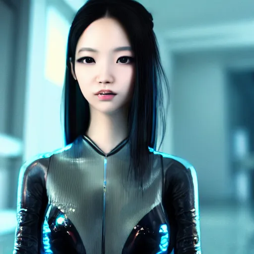 Prompt: a portrait of a full body beautiful asian girl, young with long hair, futuristic space geisha, space horror, hyper - realistic, very detailed, intricate, very sexy pose, slight smile expression, photo realistic, dramatic cinematic lighting, octane render, 4 k, ultra detailed