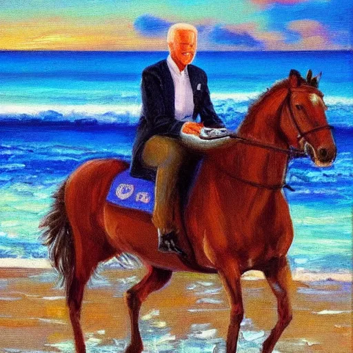 Image similar to Joe Biden riding a horse eating pizza on the beach in Hawaii at sunset, artistic oil painting