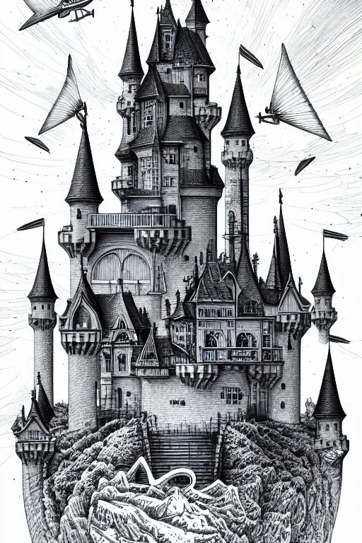 Image similar to a line drawing of a flying science fiction castle joe fenton, trending on artstation, realistic rendering