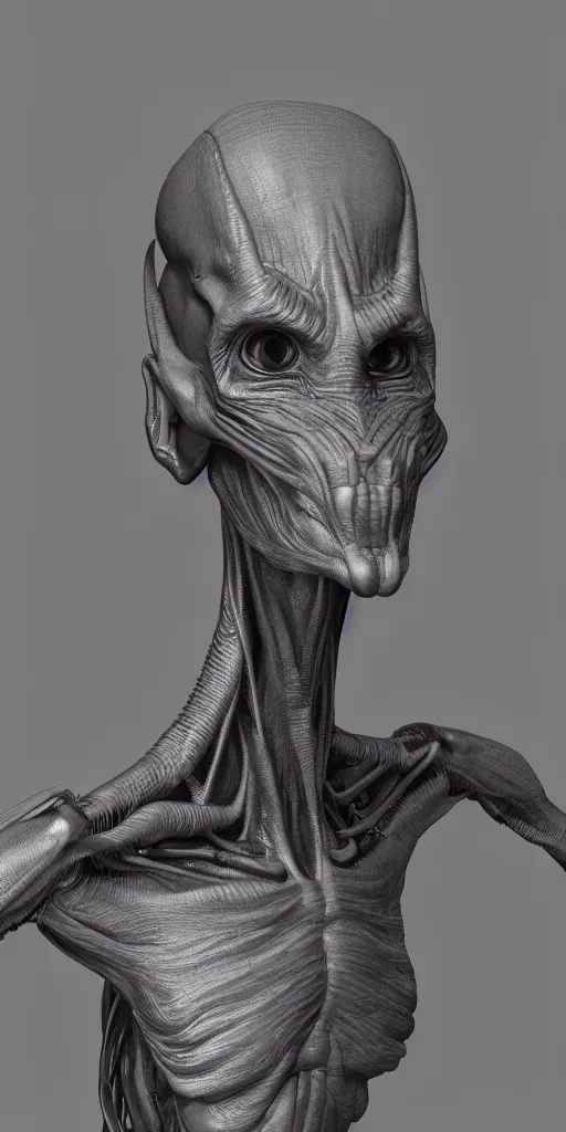 Prompt: Tall grey alien creature, dramatic lighting, very detailed, electrical details, high details, 4k, 8k, trending on artstation, by Hajime Sorayama and Paolo Eleuteri Serpieri