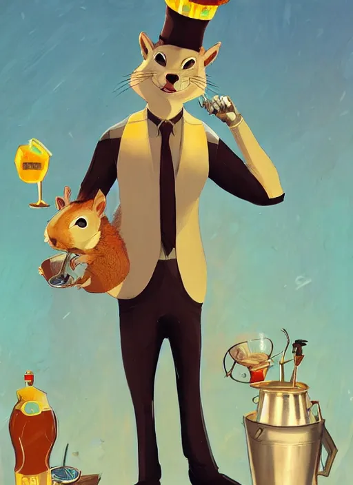 Image similar to squirrel anthro as a dapper bartender with a big, fluffy tail, retro futurism, art deco, detailed painterly digital art style by WLOP and Cory Loftis, 🐿🍸🍋, furaffinity, trending on artstation