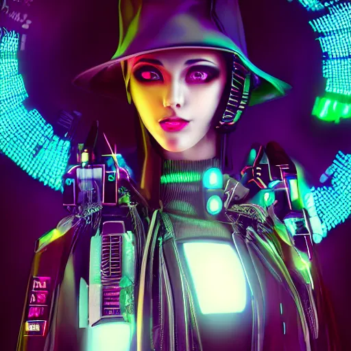 Prompt: detailed portrait cyberpunk robotic cybergirl with witch hat on flying cyberbroom in night city at giant japanese neon label 4 k, digital art