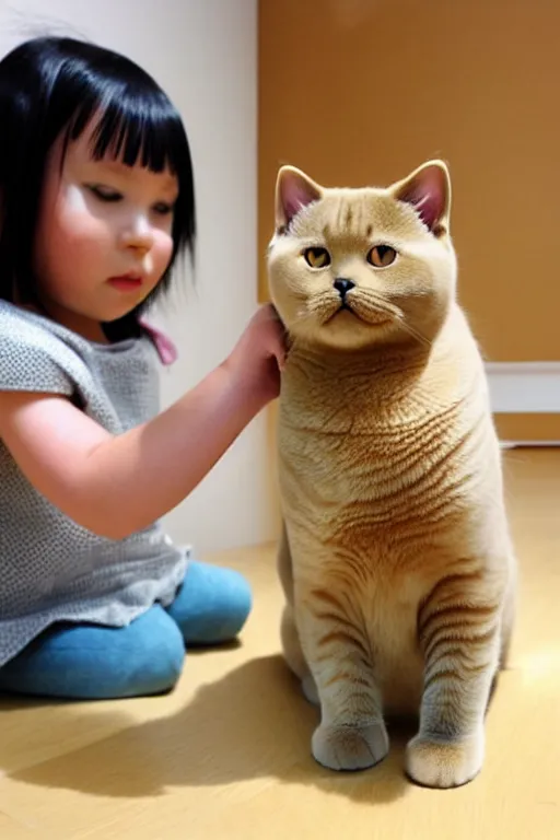 Image similar to a girl is playing with a cute golden shaded british shorthair cat, created by ryo