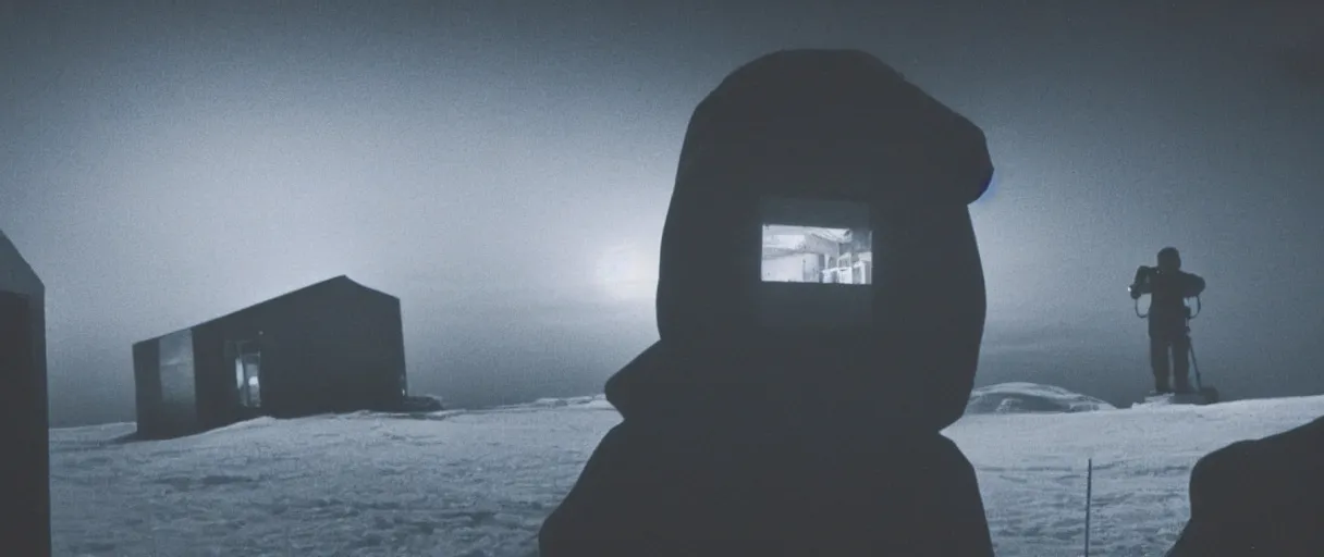 Image similar to a high quality dimly lit color photograph of a 1 9 8 2 crt security monitor showing cctv surveillence camera footage of a man in closeup of a shadowy silhouette bulky figure wearing a hoodie standing near a structure in antarctica at night