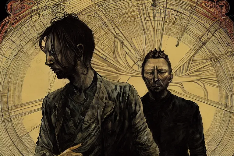 Image similar to hyper realistic portrait of thom yorke singer songwriter, side, liminal space, by lee bermejo, alphonse mucha and greg rutkowski