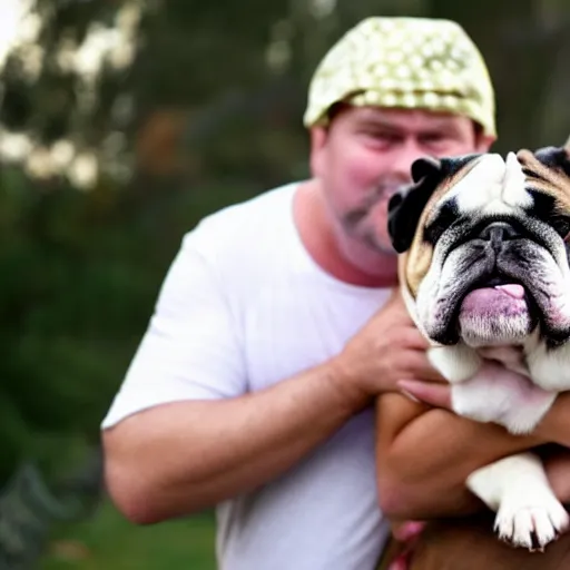 Image similar to a homless man holding an english bulldog wearing a crown