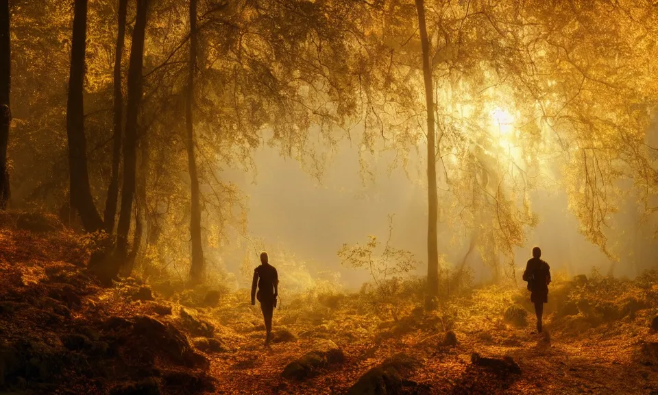 Image similar to A matte painting of an adventurer walking along the river bank in a forest during the golden hour in autumn, surrounded by dust and volumetric light shining through the tree tops